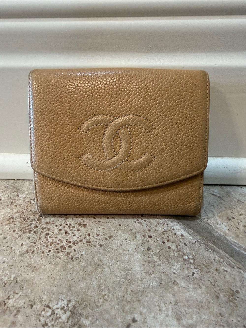 CHANEL Beige/Tan Quilted Caviar Leather Compact Wallet with CC Logo